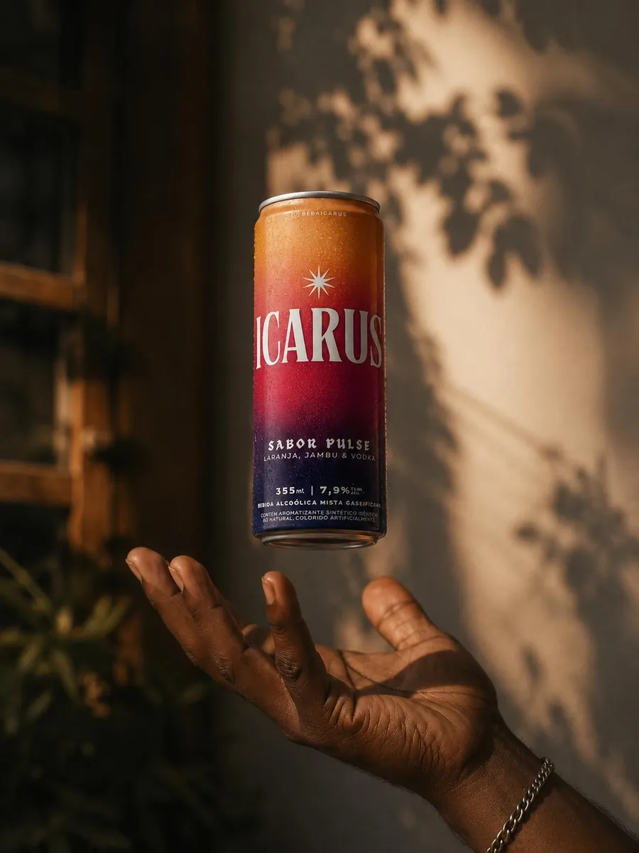 Lata de ICARUS flutuando sobre uma mão, com sombra de folhas na parede